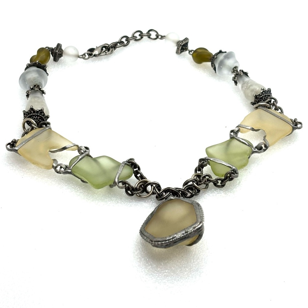 Maya Evangelista Necklace Natural Stone, Resin, Beads, Antiqued Silver Chain 20" - Picture 2 of 4